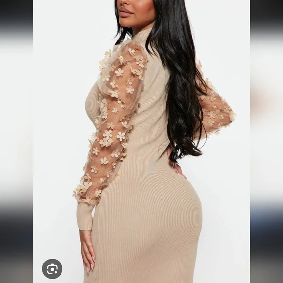 Fashion Nova Tan Ribbed Midi Dress | Sz M - Picture 6 of 7